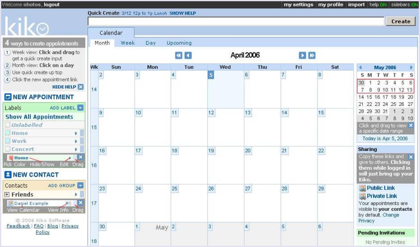 Kiko calendar interface Kiko calendar