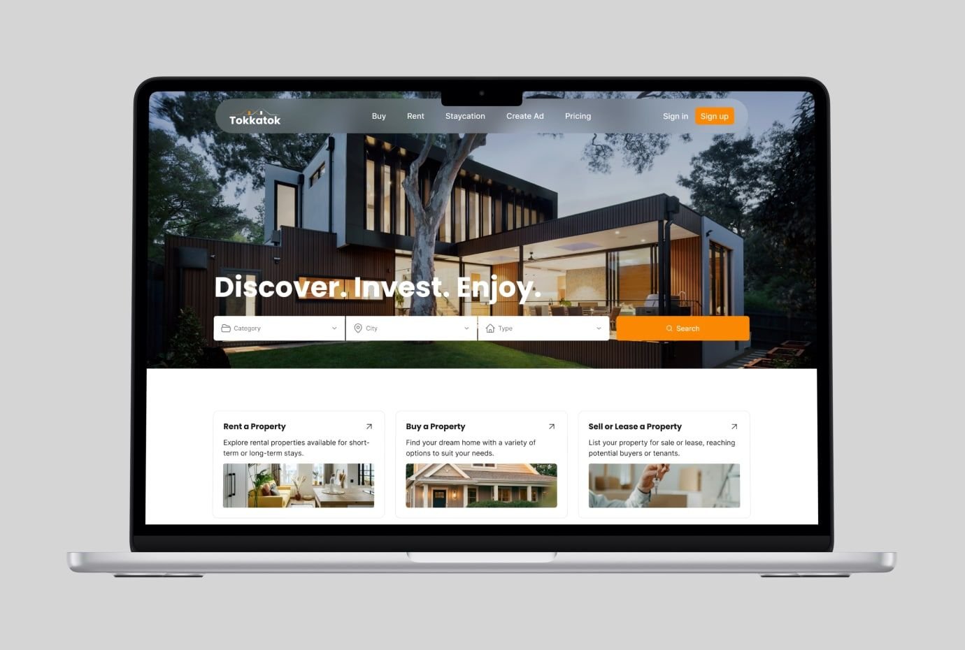 Tokkatok Homepage Real estate marketplace homepage with search filters and featured categories