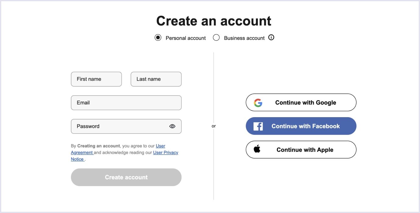 Sign up page on eBay