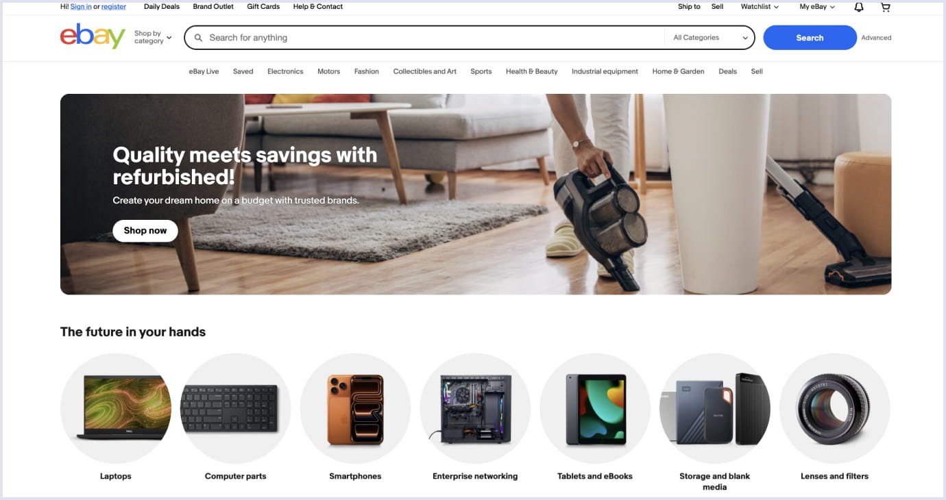 Home page of eBay marketplace