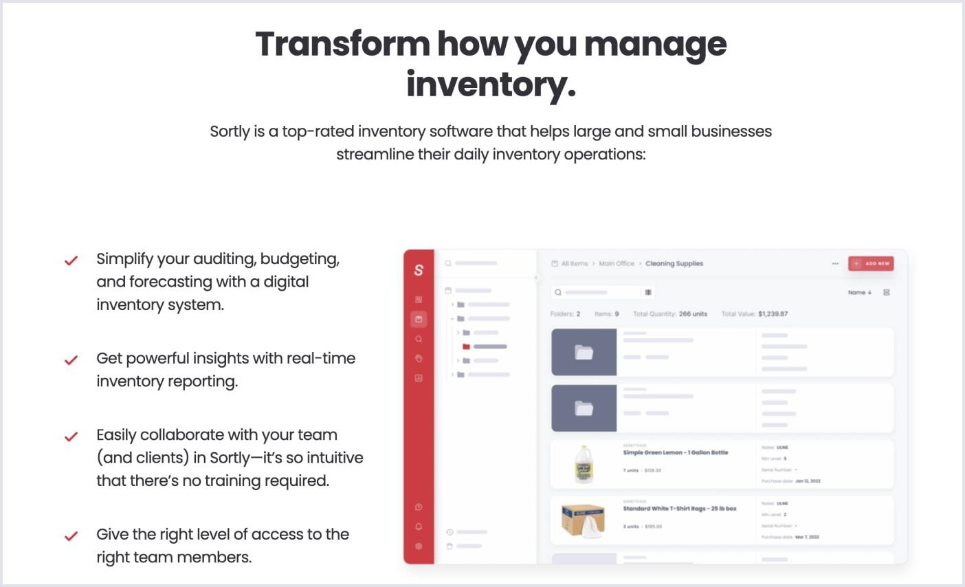 Example of inventory management system called Sortly