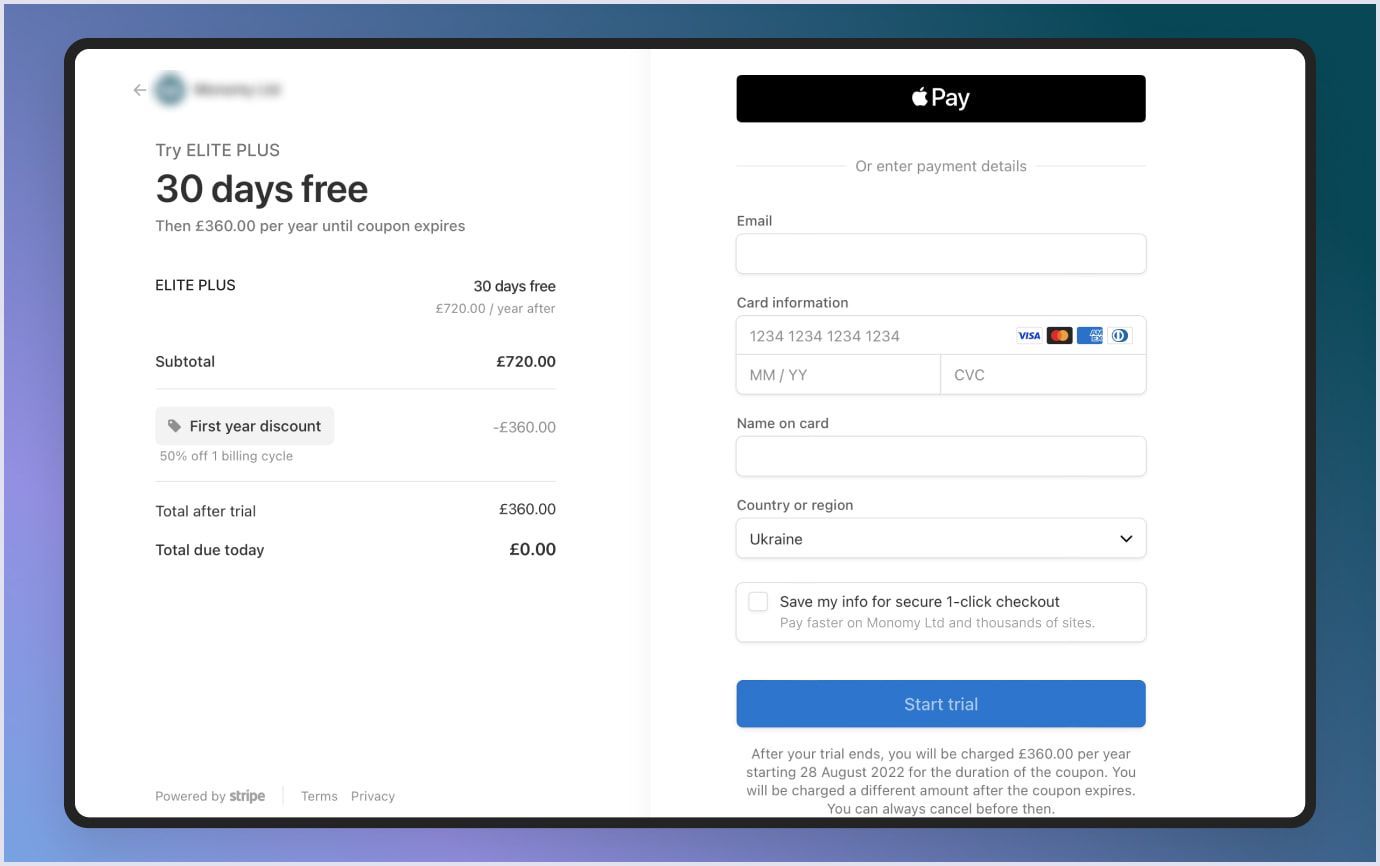 Payment functionality example: Monomy