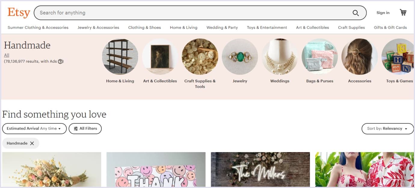 The Etsy website is a vertical marketplace