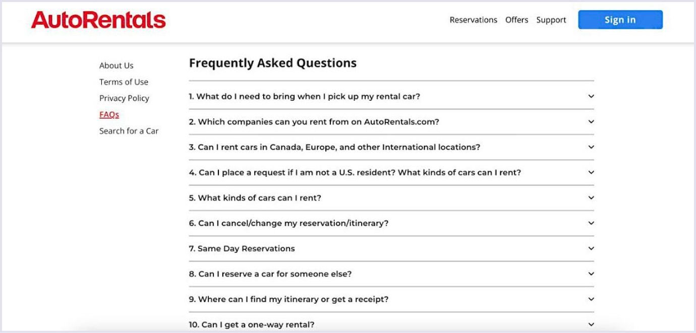 AutoRentals FAQ Section AutoRentals FAQ section with commonly asked questions about car rental services