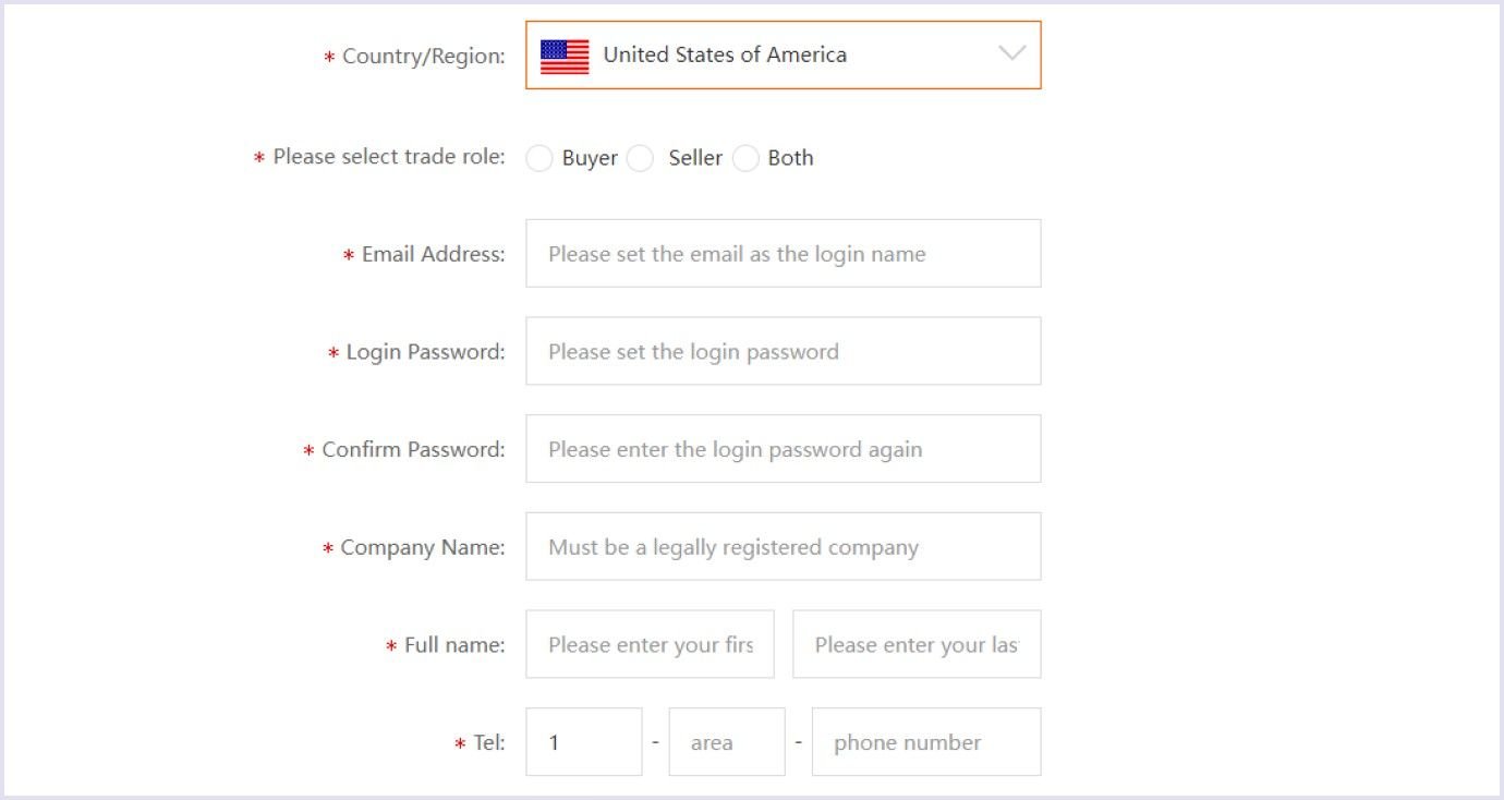 Registration for sellers on Alibaba