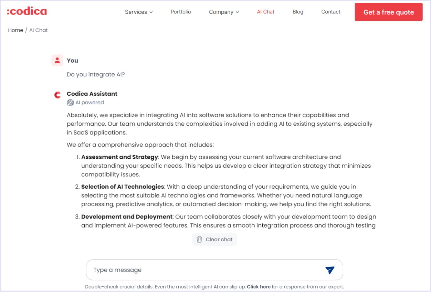 Codica AI assistant example Example of Codica AI chatbot