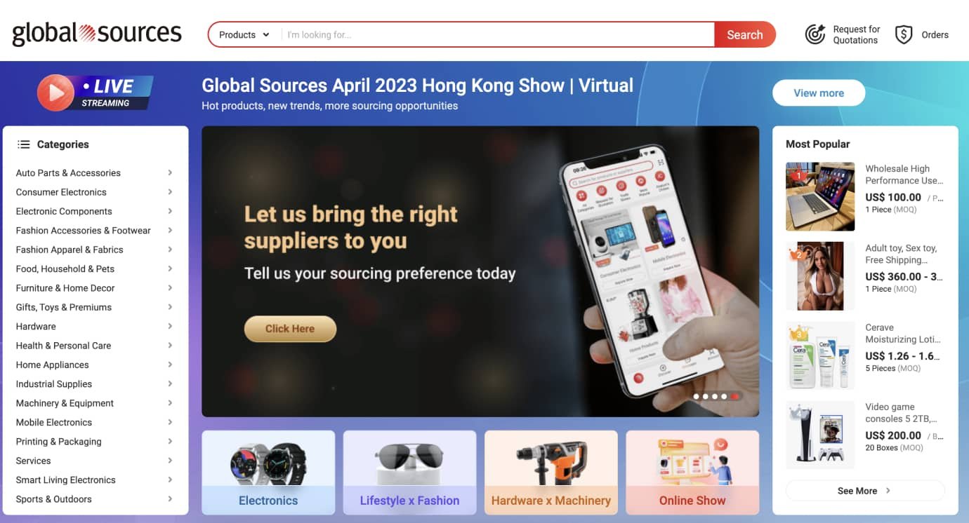 Global Sources marketplace home page UI layout on Global Sources