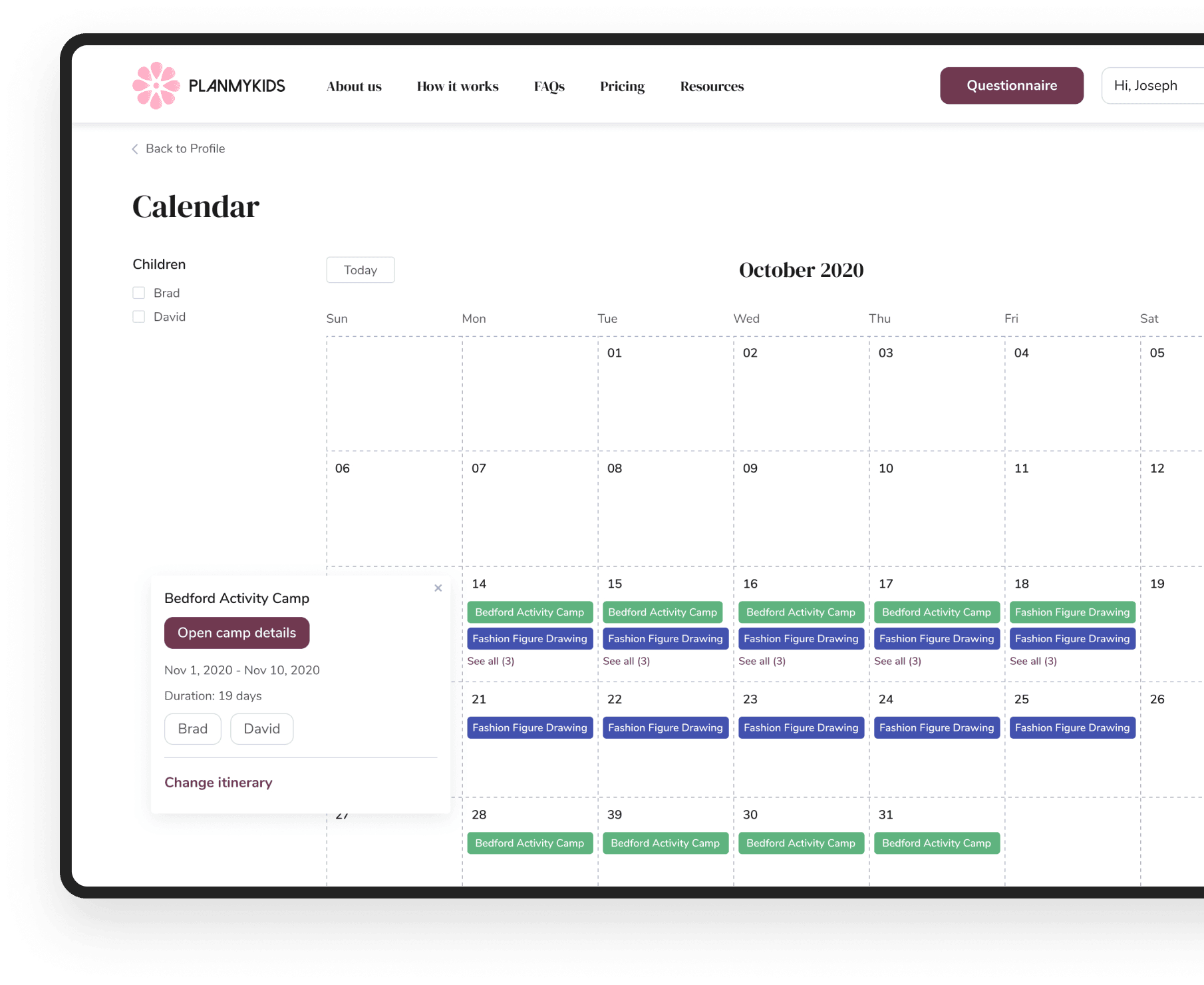 Convenient calendar on the online booking platform PlanMyKids Convenient calendar on the booking marketplace PlanMyKids