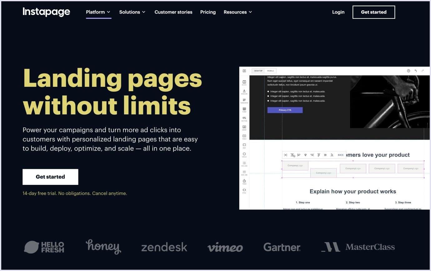 Instapage home page Creating landing pages with Instapage