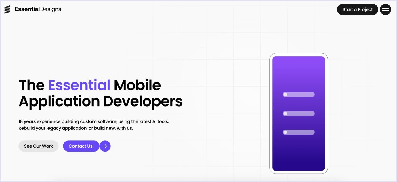 Essential Designs homepage showcasing tailored software development services