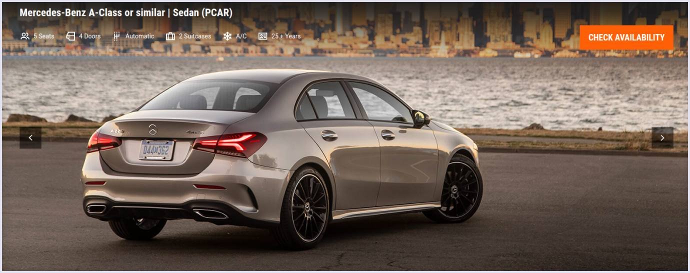 Car Rental Website Example with Mercedes-Benz A-Class Listing A car rental website example featuring a Mercedes-Benz A-Class vehicle listing