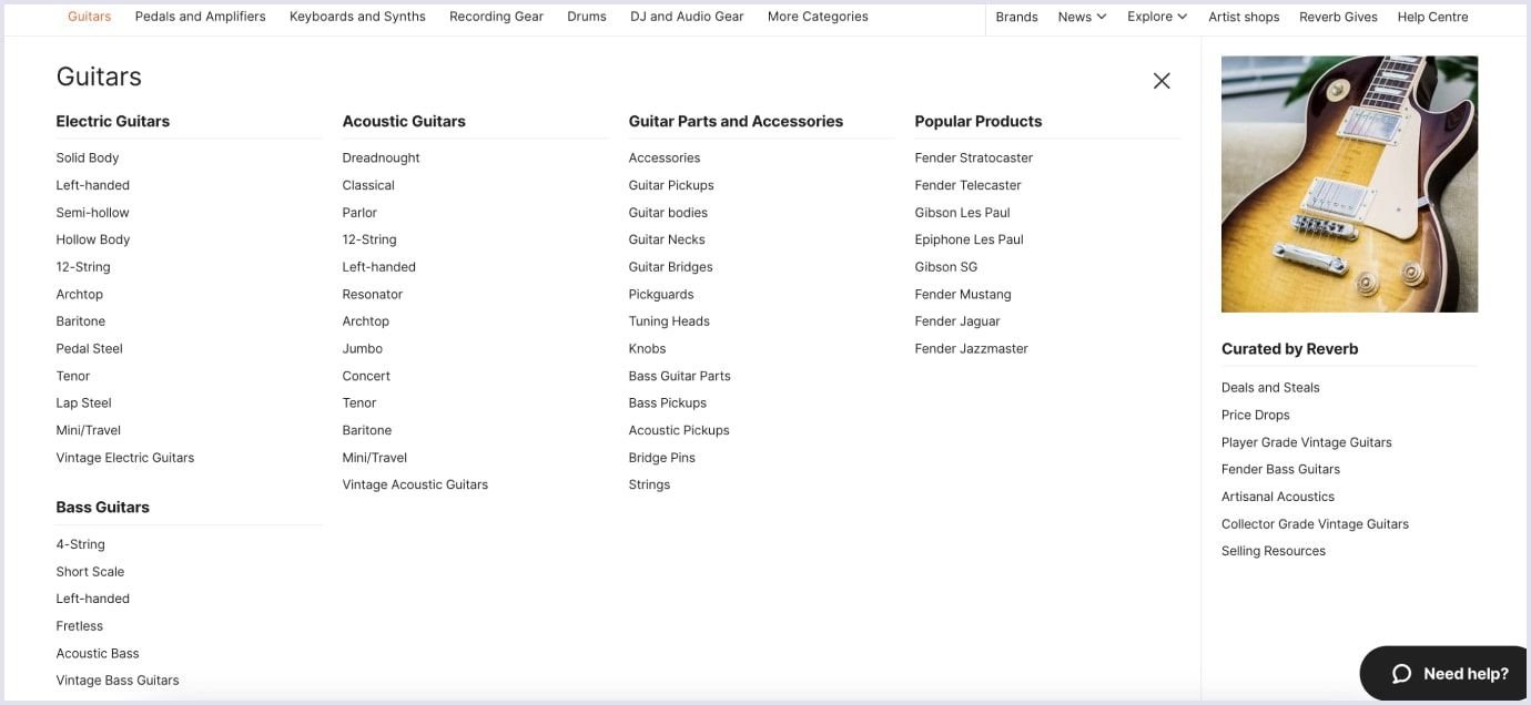 Category navigation example Reverb guitars mega-menu