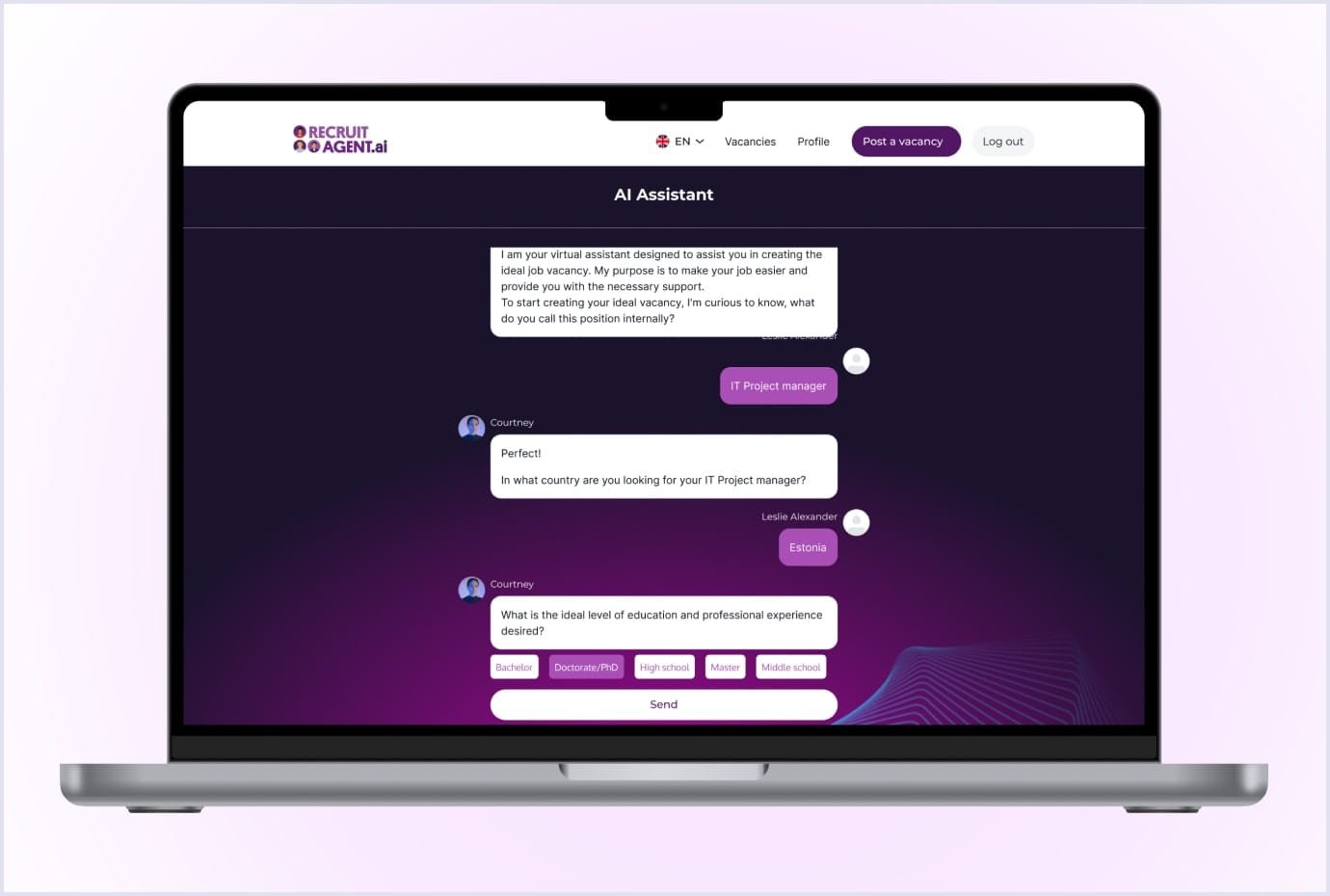 Screenshot of the RecruitAgent.ai assistant