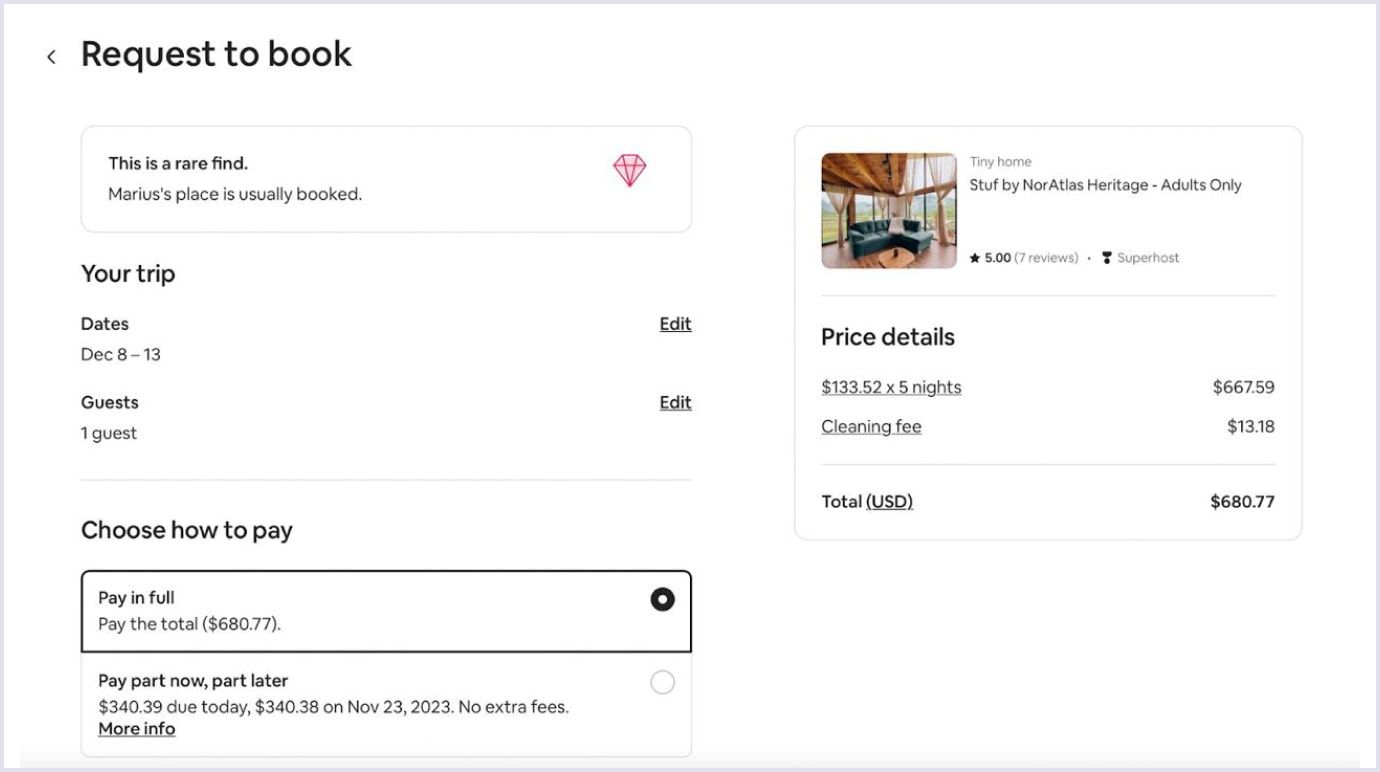 Example of payment options by the Airbnb marketplace