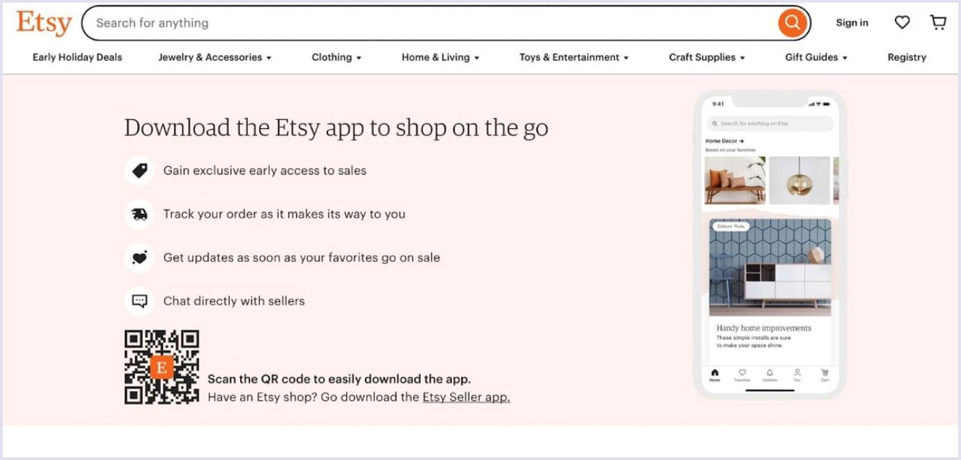 Example of Etsy's mobile version