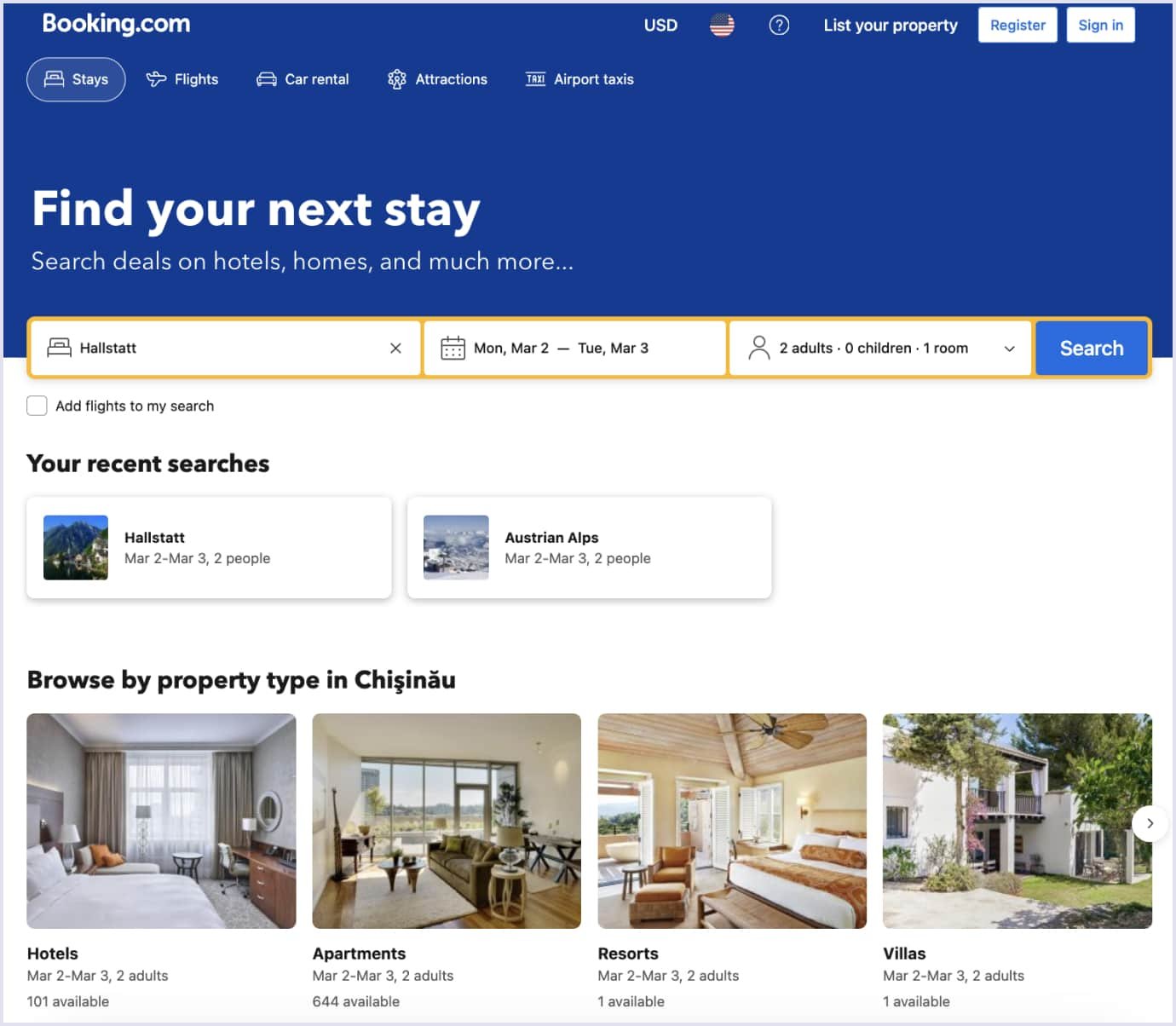 Search and booking flow example