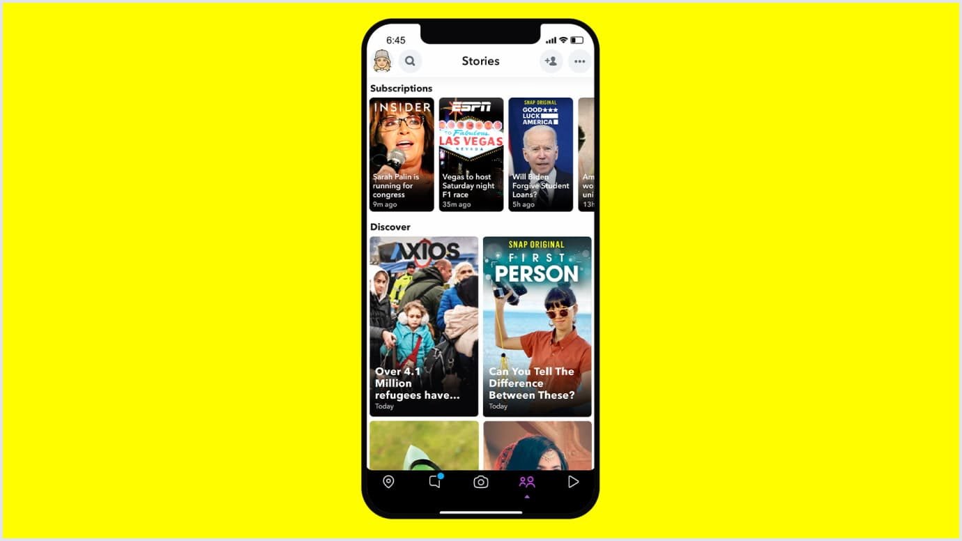 Snapchat Discover Feed Discover page with news and creator stories on Snapchat