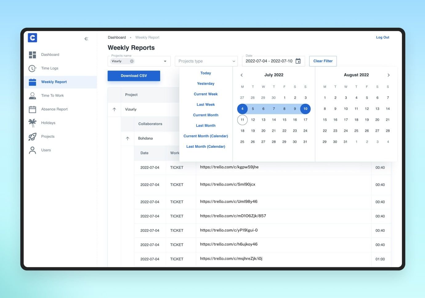 Slack time-tracking app's user interface Slack time-tracking app's interface