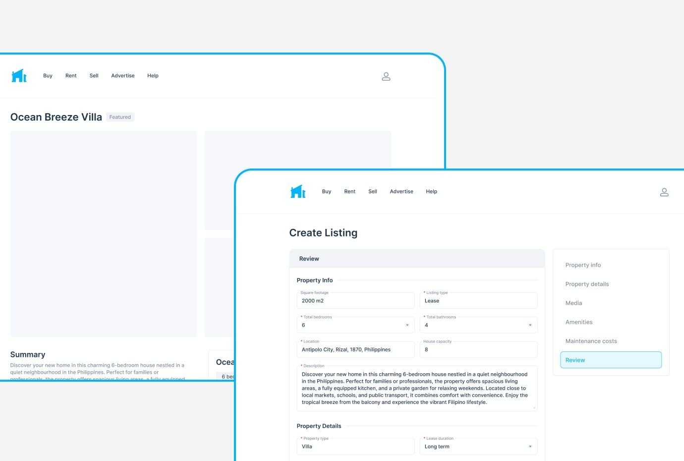 Listing Management Screens UI prototypes for creating and viewing property listings