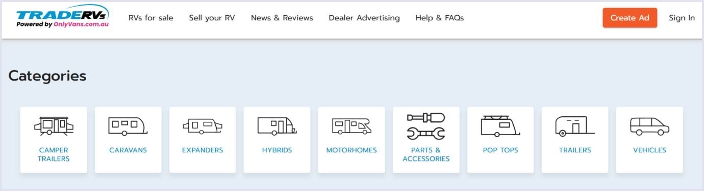 TradeRVs sales categories TradeRVs categories