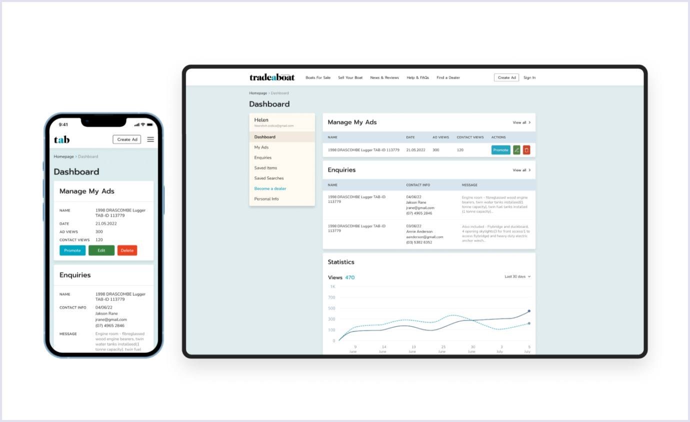 Dashboard for online boating marketplace