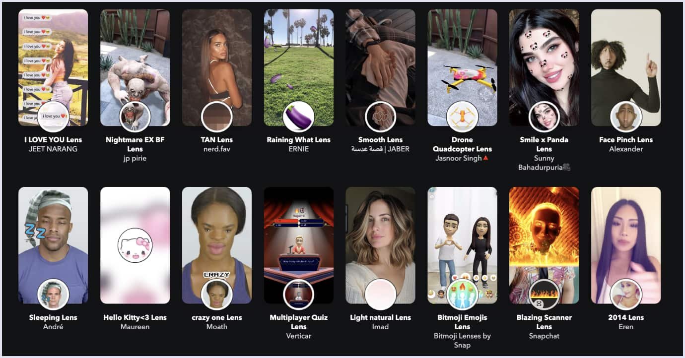 Snapchat AR Lenses Gallery of popular Snapchat lenses and filters