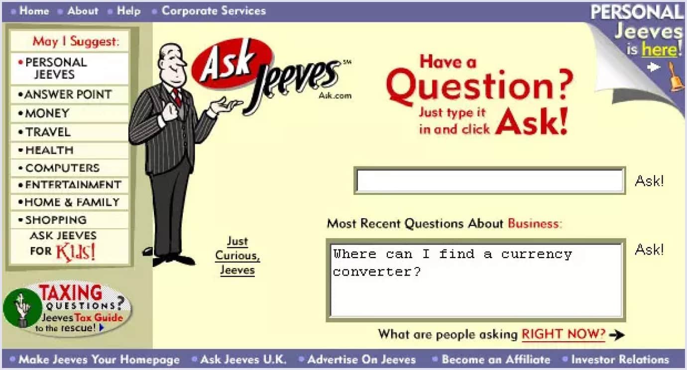 Ask Jeeves starting page Ask Jeeves search page