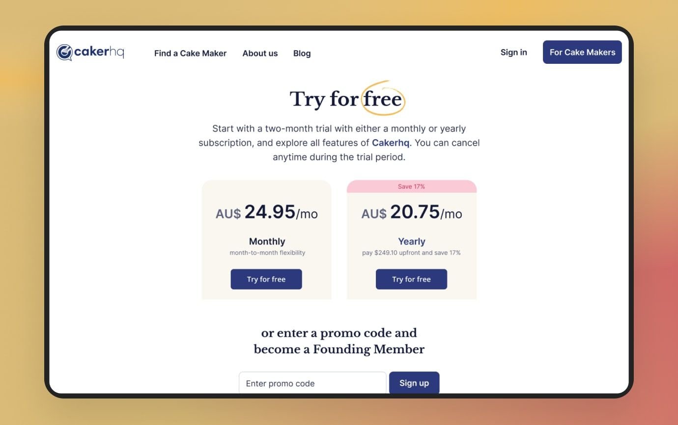 CakerHQ subscription options CakerHQ SaaS pricing plans with free trial