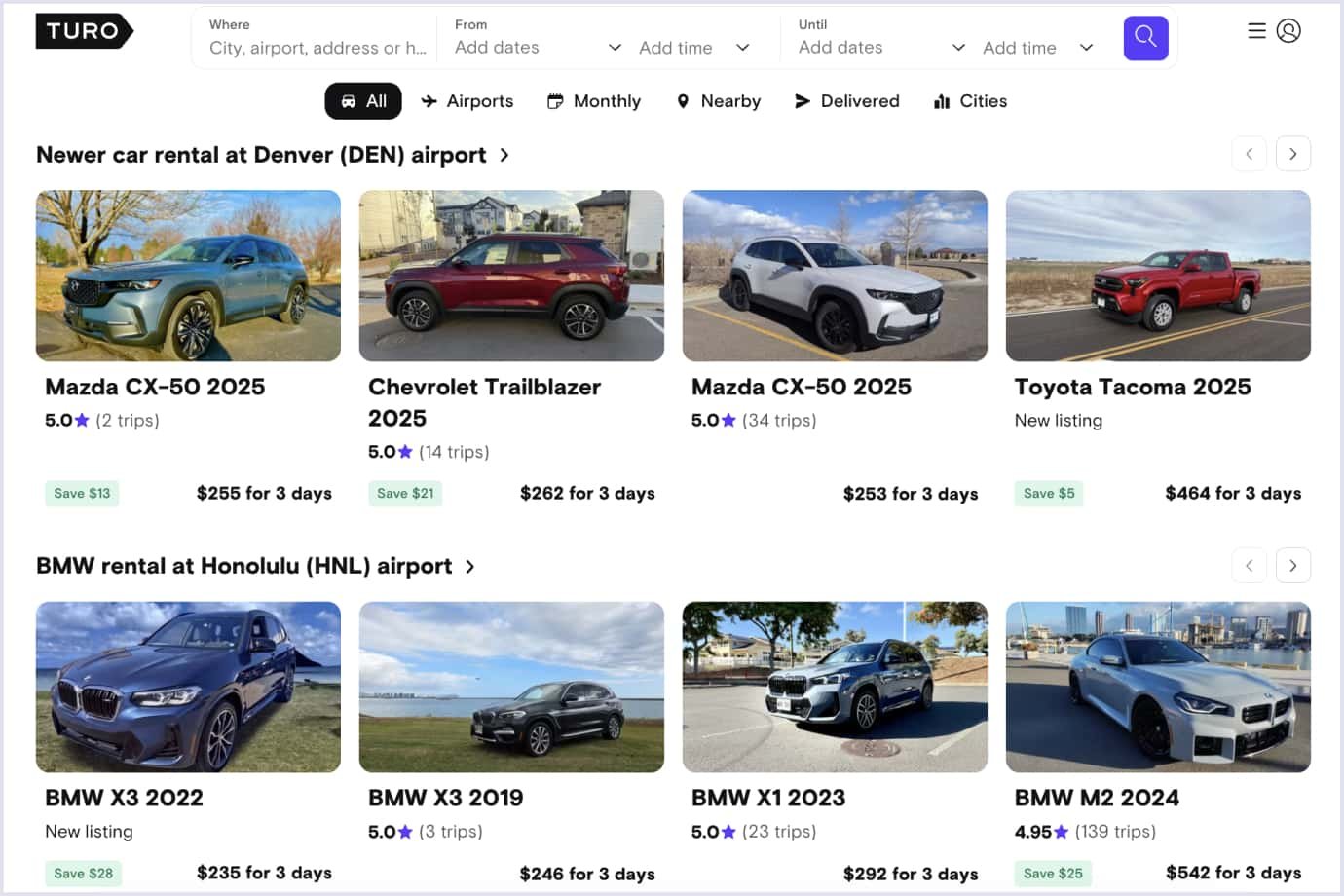 User-shared vehicles available for rent on a P2P car-sharing platform