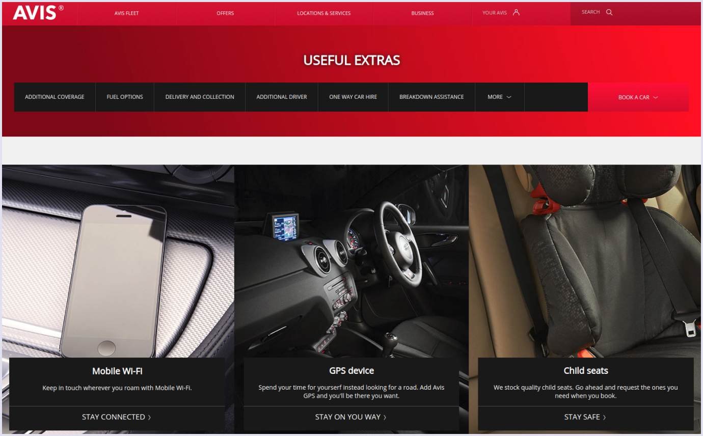 Additional services on car rental website Avis Extra services on car rental website Avis