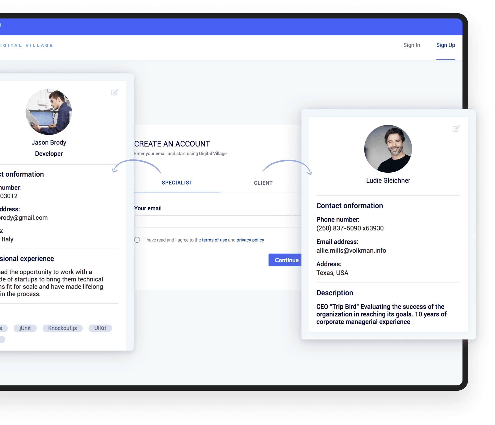 Example of account management on the Digital Village website Example of account management by collaboration platfrom