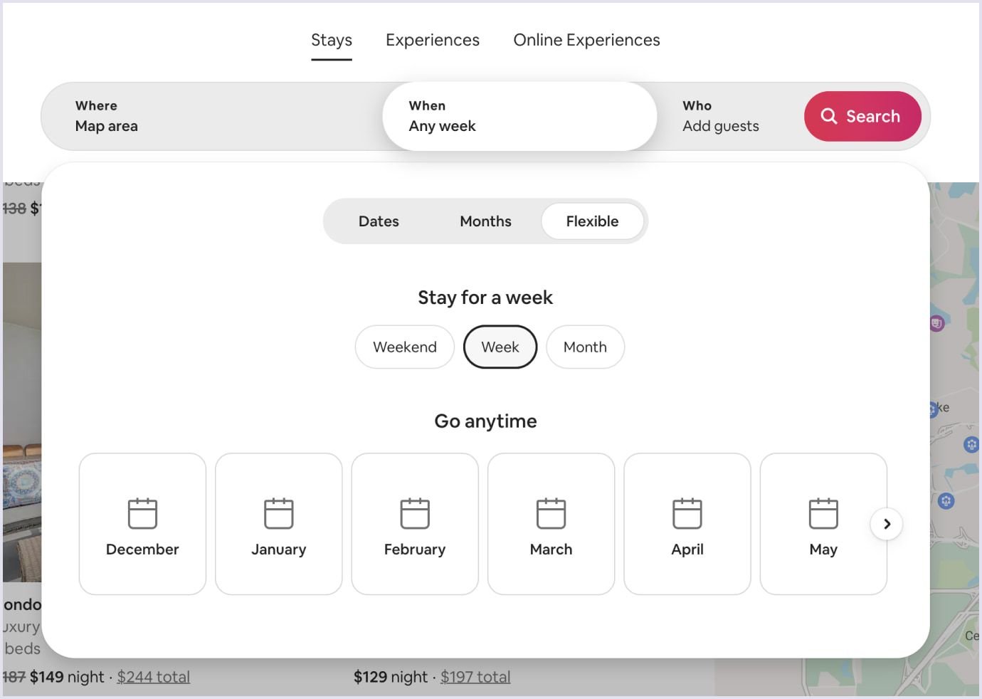 Flexible dates feature on Airbnb