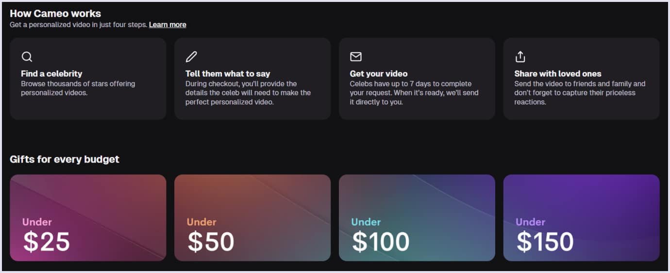 Cameo service marketplace features Cameo service marketplace offer