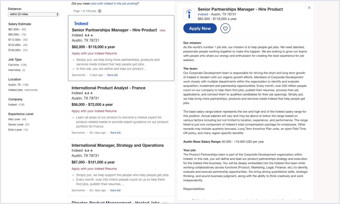 Indeed Job Search Results and Job Description Indeed's job search results page displaying job listings