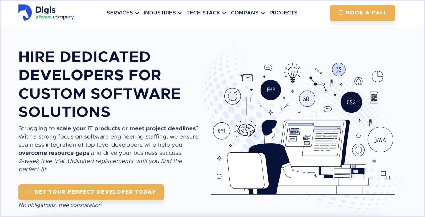 Digis homepage presenting custom software, SaaS, and AI development services