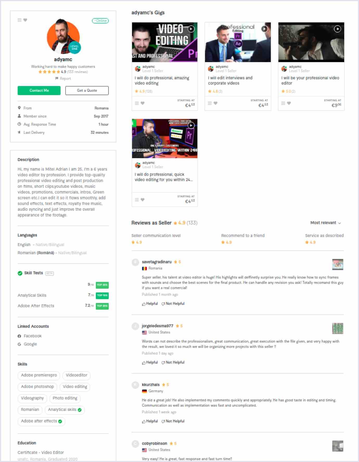 User profile on freelance platform Fiverr