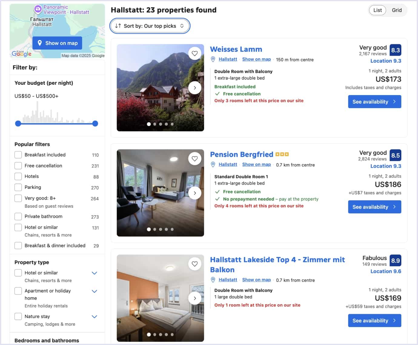 Booking.com list of hotels in Hallstatt