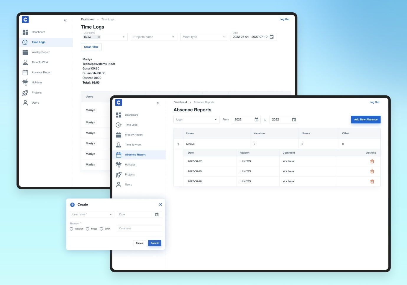 Examples of time-tracking chatbot workflow Examples of time-tracking app workflow