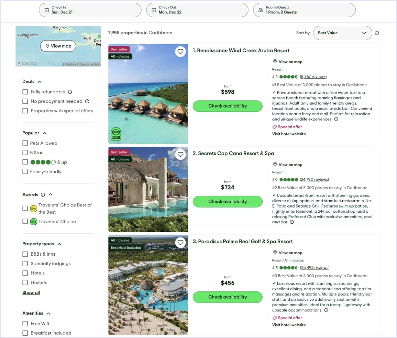 TripAdvisor page showing top Caribbean resorts