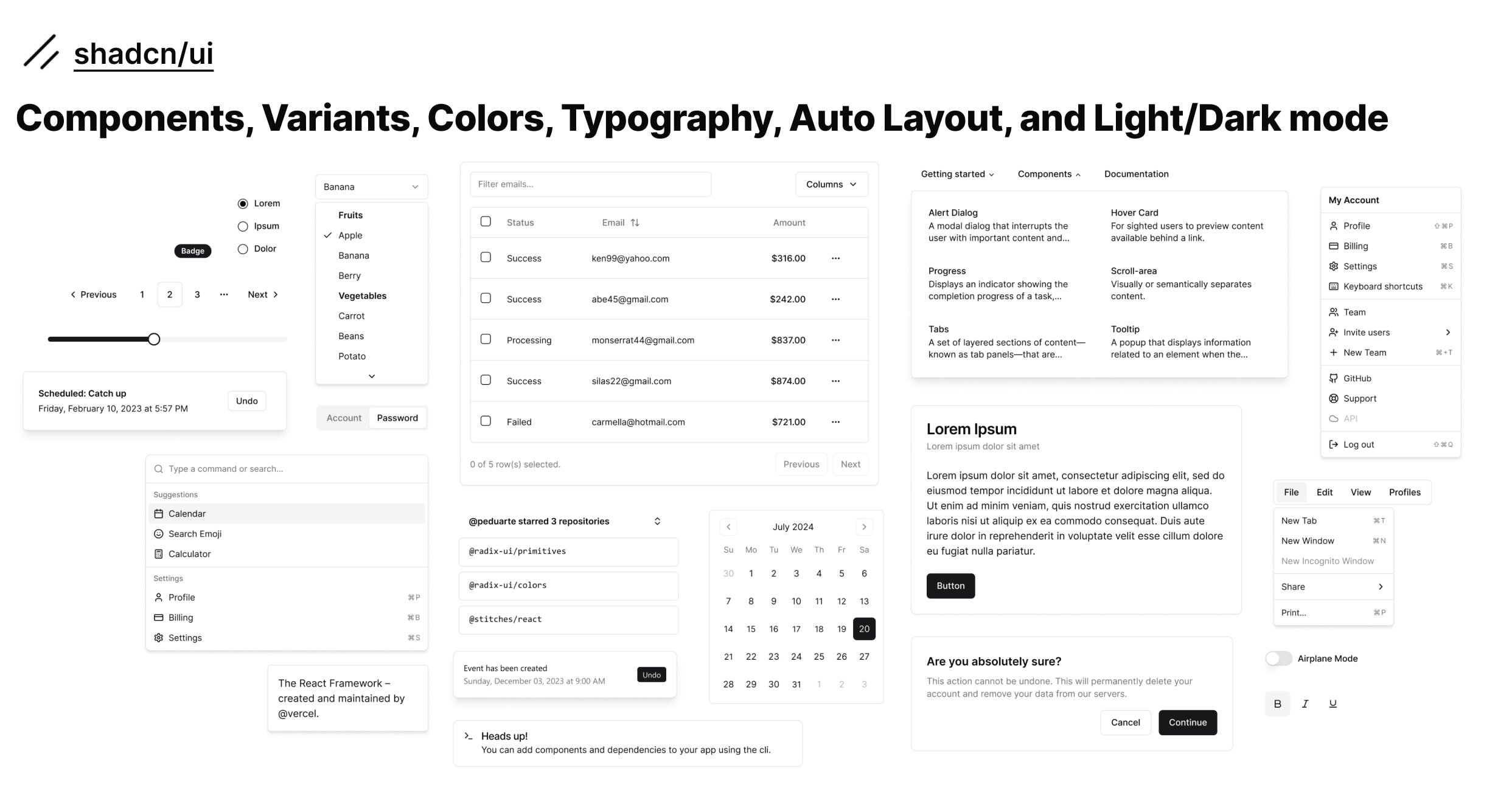 Shadcn/ui Design Overview: UI Components and Features UI design featuring components, colors, and light/dark mode