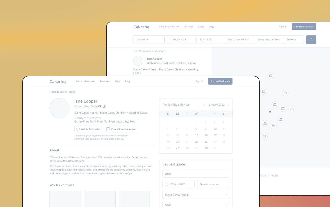 CakerHQ Platform Prototypes Interface prototypes showing baker profiles and calendar booking features in CakerHQ