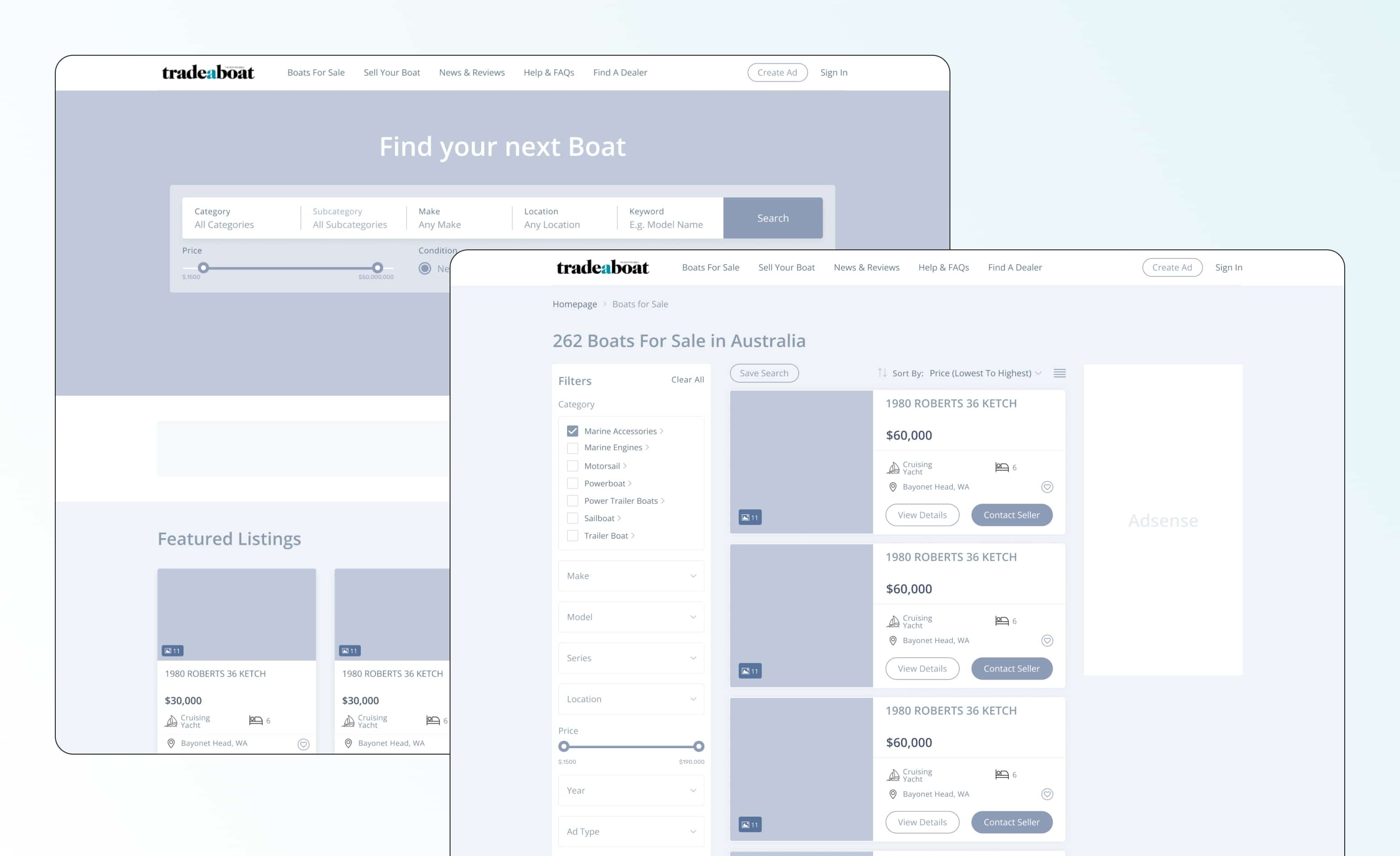 Boat-selling website prototypes Boat-selling website prototype