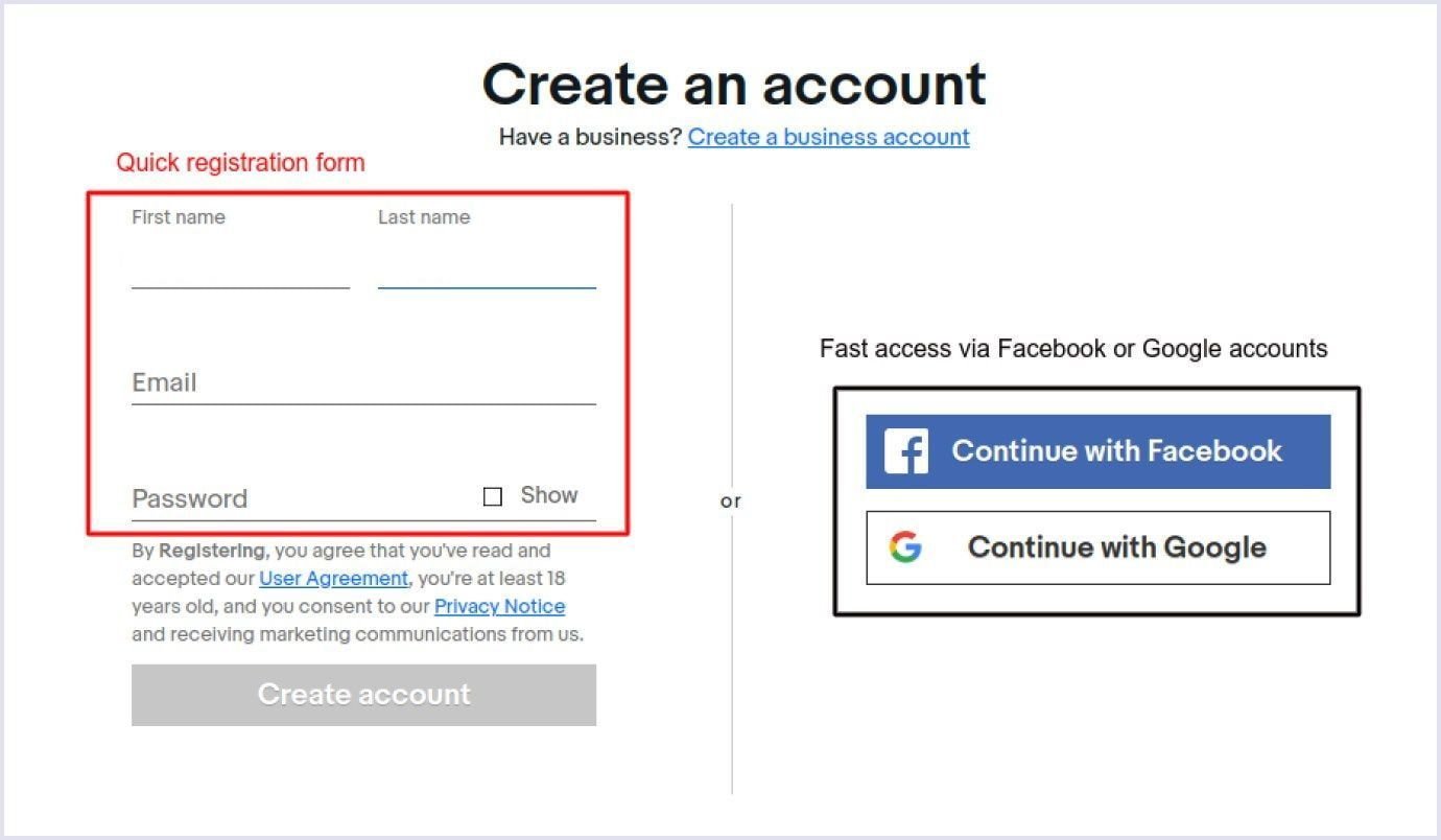 Sign up form example Registration form example