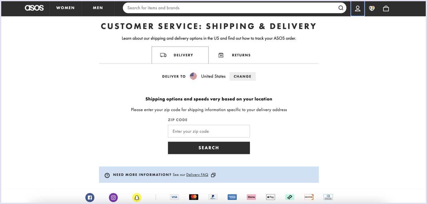 ASOS Shipping & Delivery ASOS shipping options page