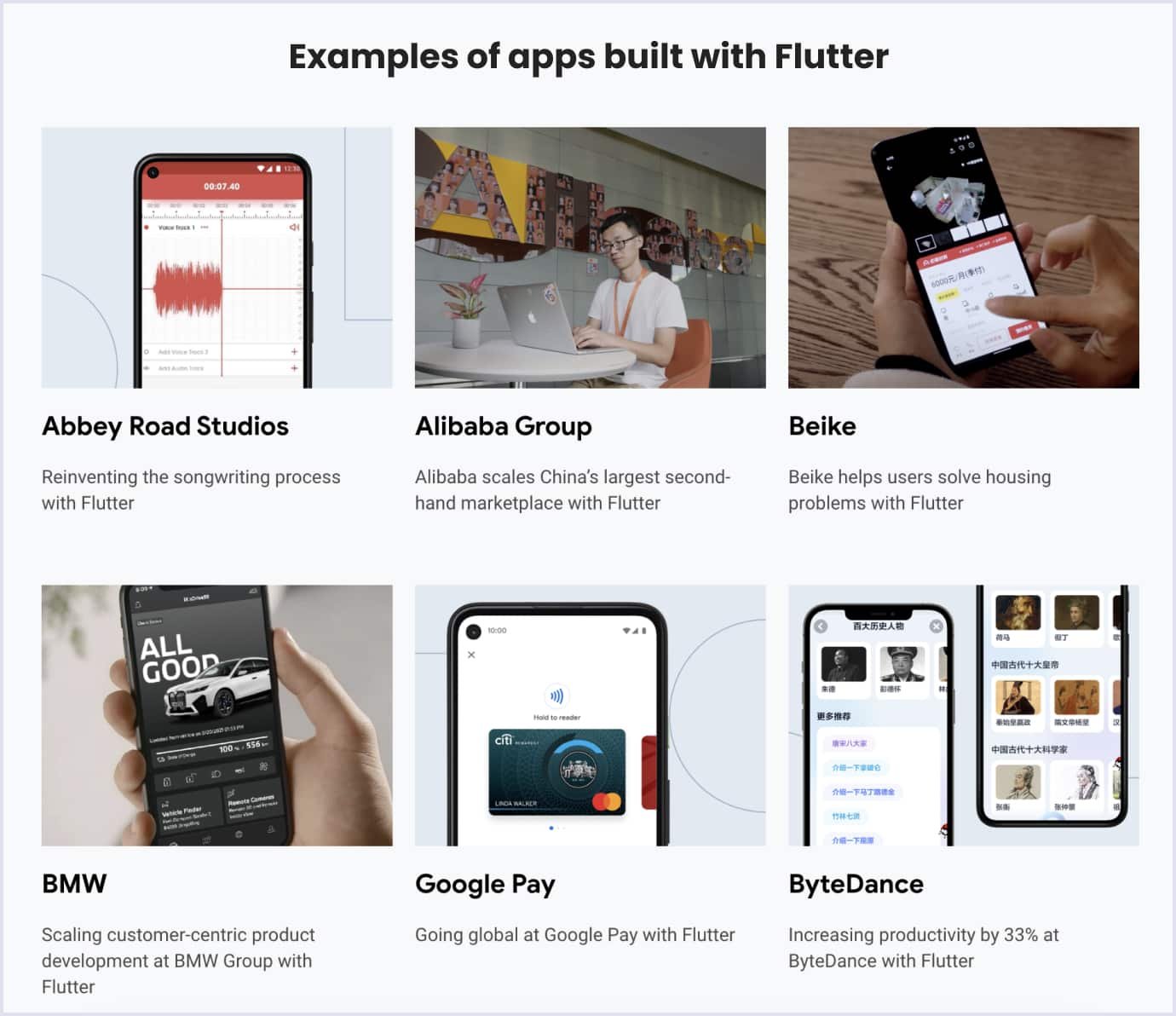 Examples of apps built with Flutter Examples of apps built with Flutter