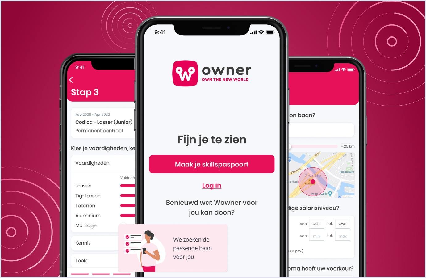 Mobile screens of Wowner intelligent job matching platform