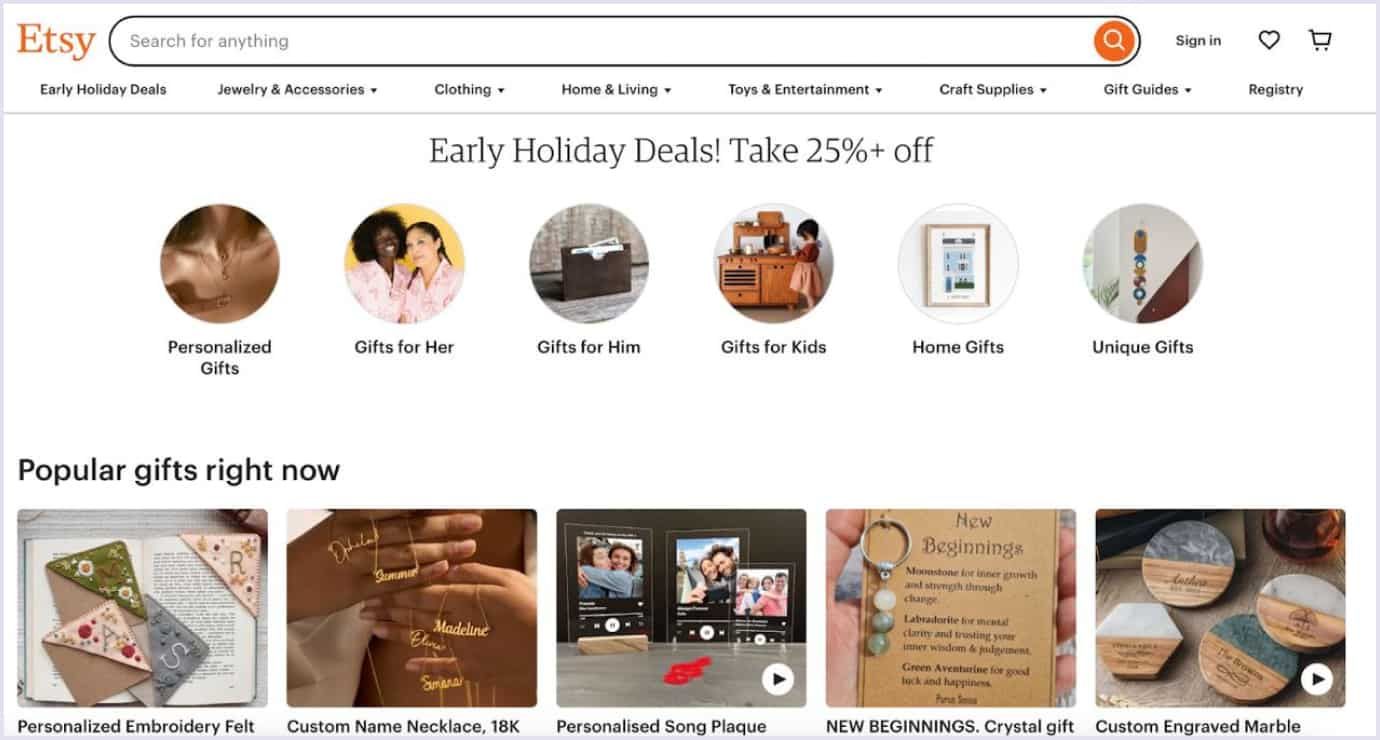 Handmade or vintage goods on Etsy's e-commerce marketplace