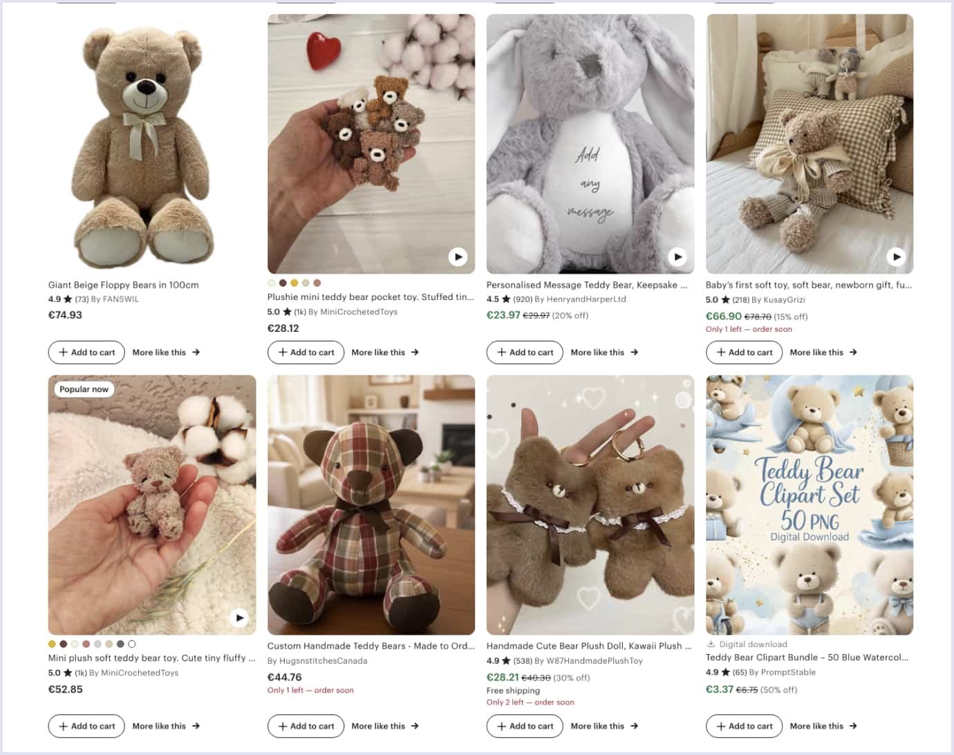 Example of user-created plush toy listings on a P2P goods marketplace