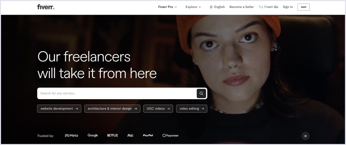 Fiverr homepage Main Fiverr search interface with suggested services