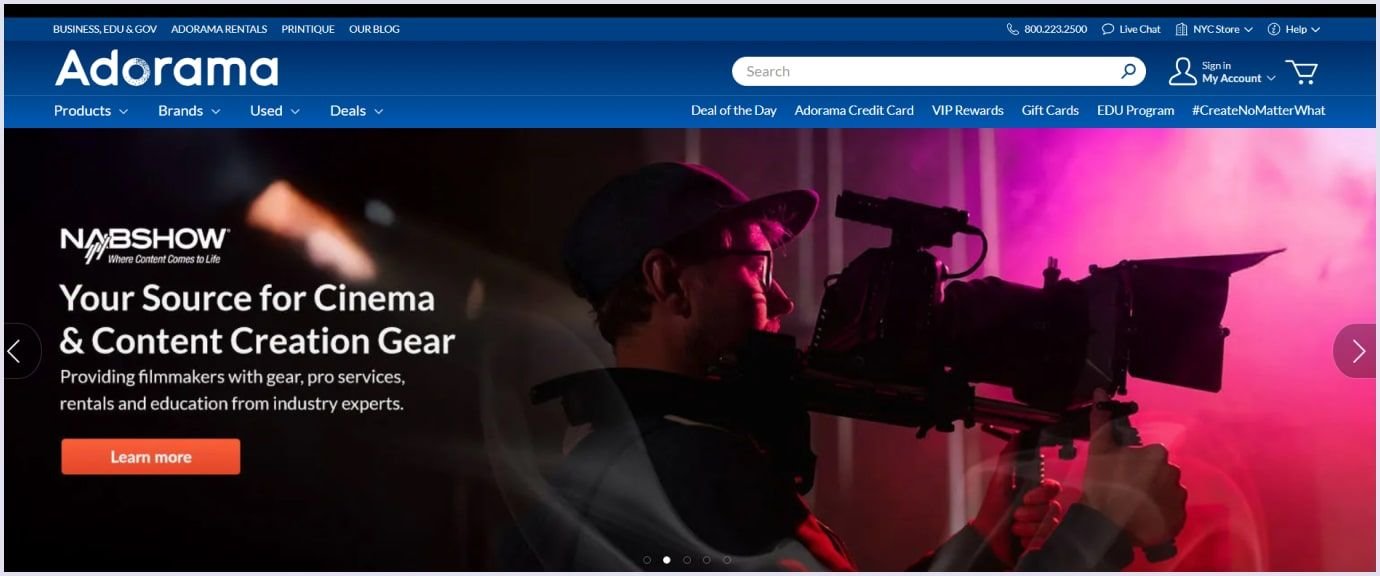 Adorama film equipment brand using PIM system Adorama brand homepage